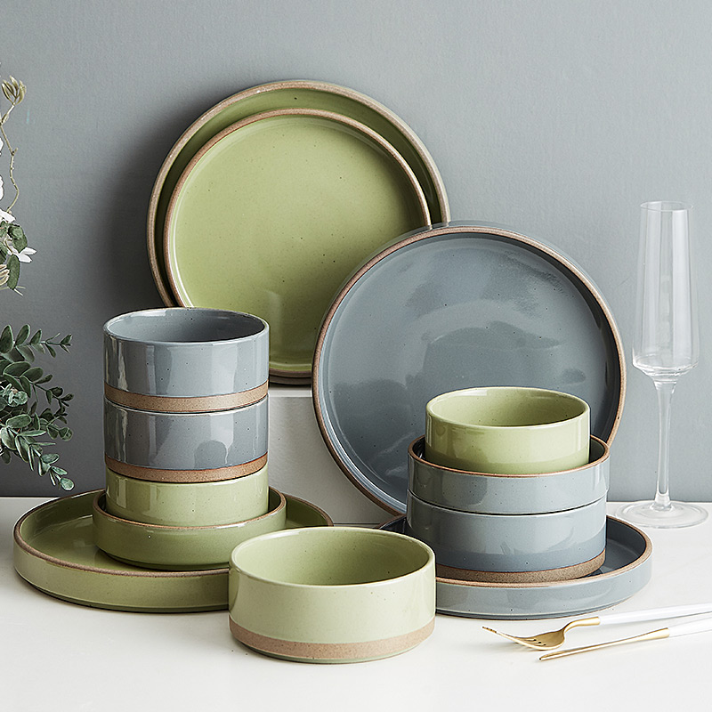 Korean Style Green / Blue Ceramic Plate Bowl Sets