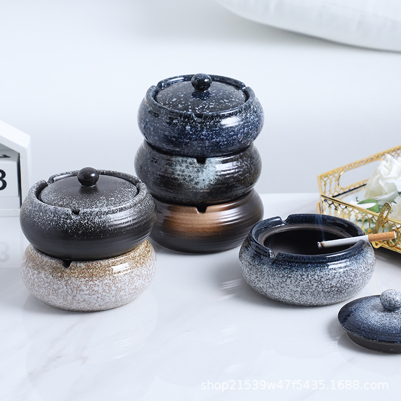 5.5" Windproof Ceramic Ashtray with Cover Lid
