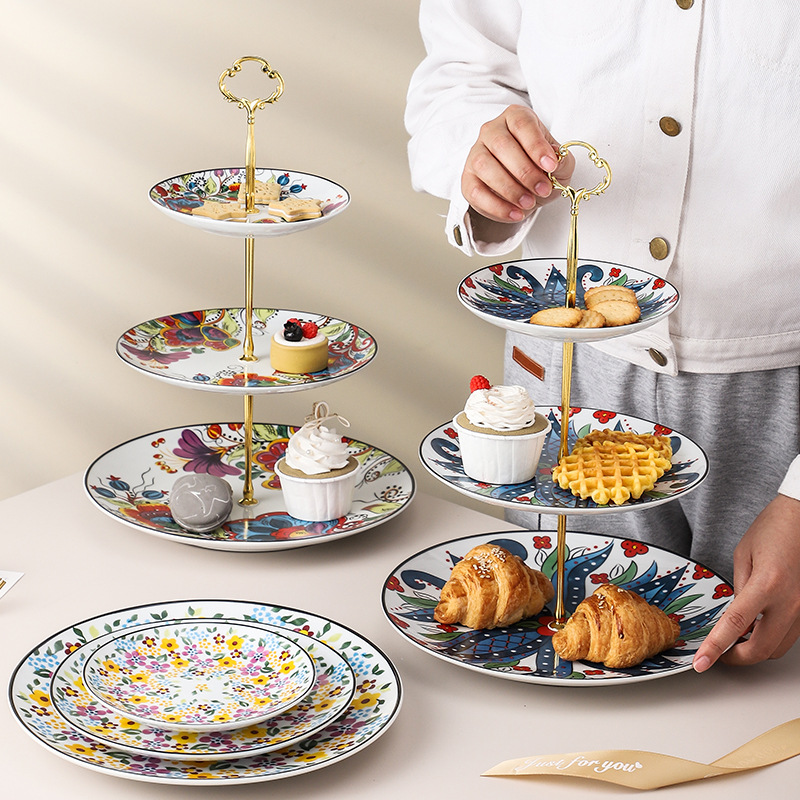 3 Tier Flower Pattern Cake Tray with Golden Stand